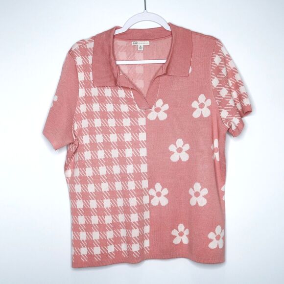 Cato‎ Womens Polo Sweater Shirt Size XL Pink Houndstooth Floral Daisy Preppy 70s - Picture 1 of 7